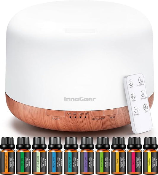 InnoGear Aromatherapy Diffuser & 10 Essential Oils Set, 500ml Essential Oil Diffuser with Remote Control Mother's Gift Ultrasonic Cool Mist Scent Humidifier Vaporizer Auto-Off Timer for Home, Yellow