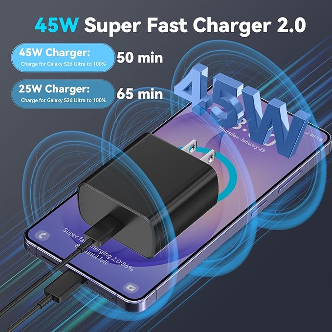 45W Super Fast Charger USB C Android Phone Type C Charger Fast Charging Block with 8FT Cord for Samsung Galaxy S26/S26 Ultra/S26+/S25 Ultra/S25/S24 Ultra/S24/S23 Ultra/S22/S21/S20/Note 10, Black
