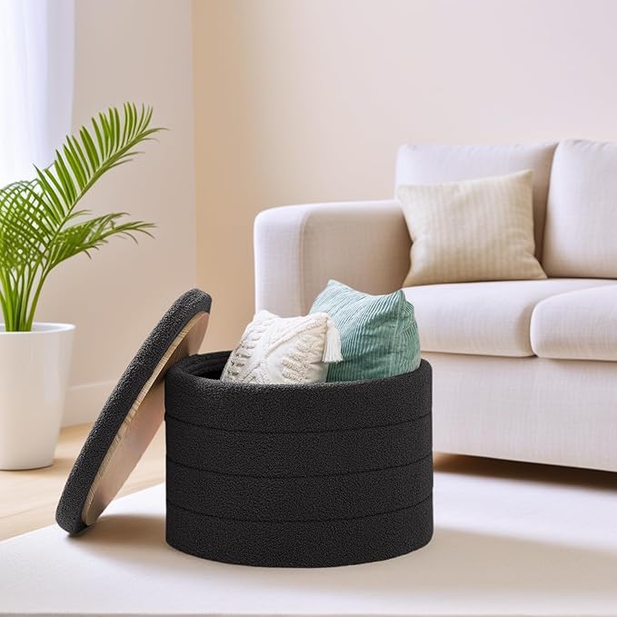 22 Inch Round Boucle Ottoman with Storage, Sherpa Teddy Fabric Ottoman Footstool, Folding Storage Foot Rest for Bedroom, Living Room Dorm, Darkgrey