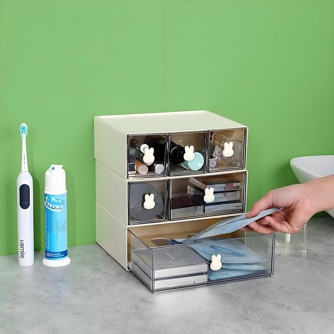 Desktop Storage Drawers, Plastic Desk Organizer with 6 Drawers, Modular Stackable Toolbox Units for Office Stationary, Makeup Container, Bathroom Countertop (3 Tiers, Cream & Clear)