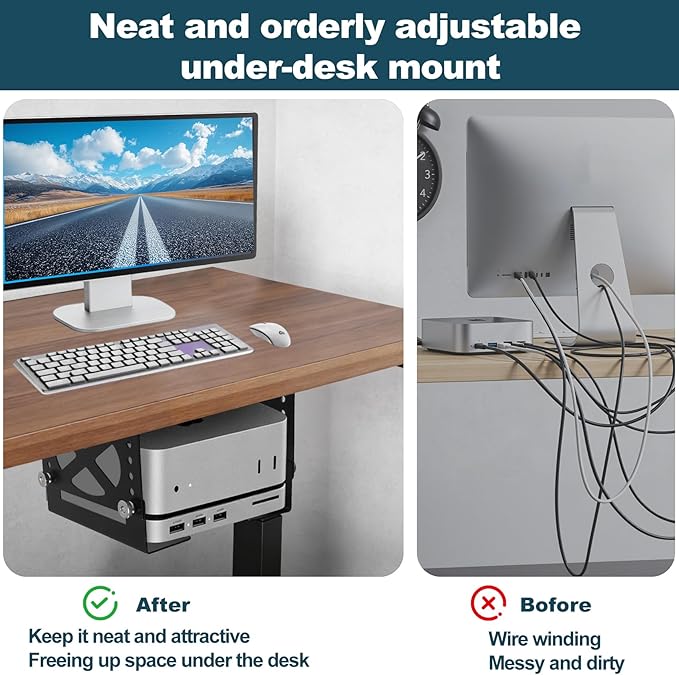 Adjustable Under Desk Mini PC Mount, 6-Level Height (1.7" to 3.3"), Width Adjustable Metal CPU Holder for Mac mini M4, Small PCs, Universal Adjustable Mount, Space Saving
