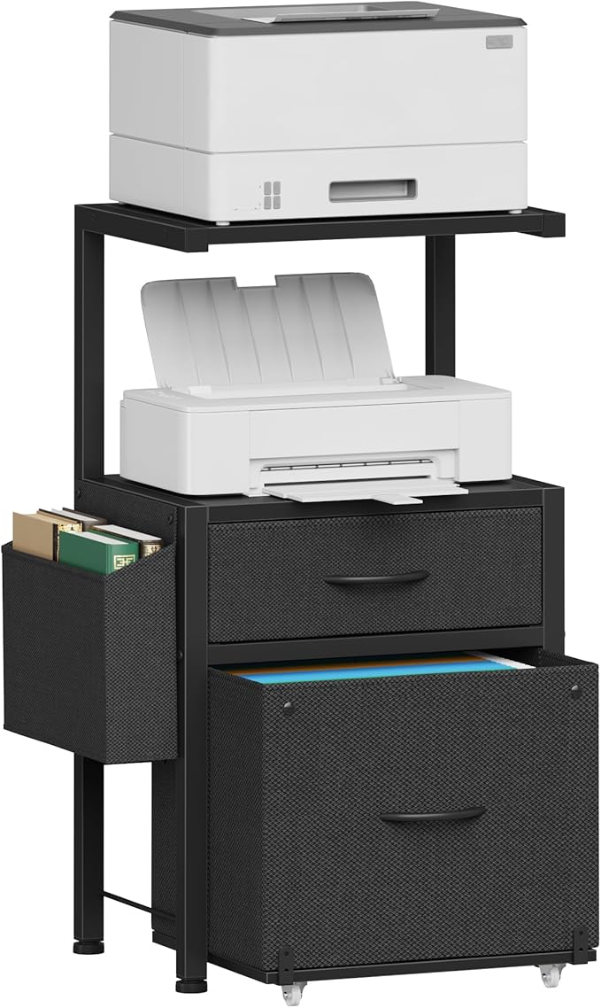 HIGDBFE 2-Drawer File Cabinet, Filing Cabinet with 2-Tier Printer Shelves, Office Cabinets with Side Bag&File Drawer for A4/Letter Size, Printer Stand with Storage for Home Office, Black, 16.5" W