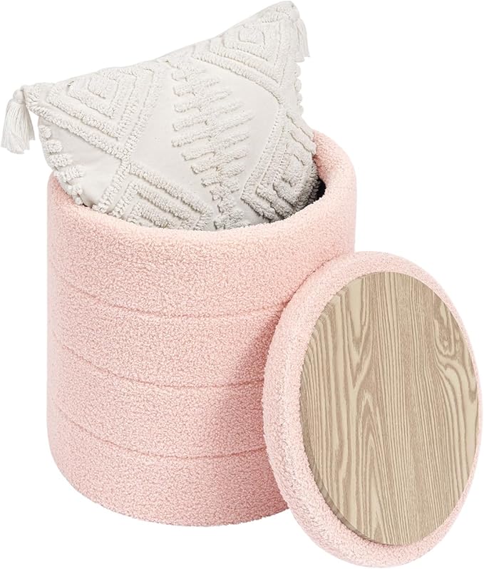 Round Boucle Storage Ottoman, Sherpa Teddy Fabric Ottoman Footstool with Reversible Tray Lid, Folding Footrest with Storage for Living Room, Bedroom, Dorm, Pink, 14.6" x 14.6" x 17.7"