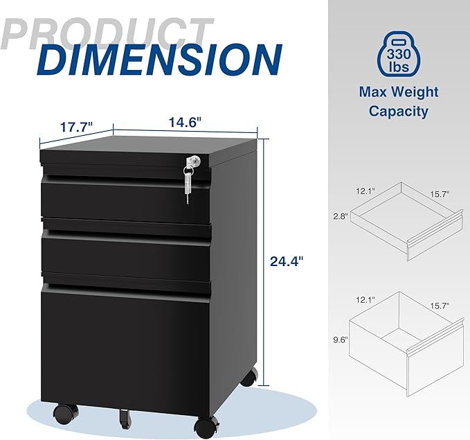Fesbos 3 Drawer Vertical File Cabinet, Black Mobile Filling Cabinet with Lock for Legal/Letter Size, Pre-Built Office Storage File Cabinet with Wheels Under Desk - Fully Assembled