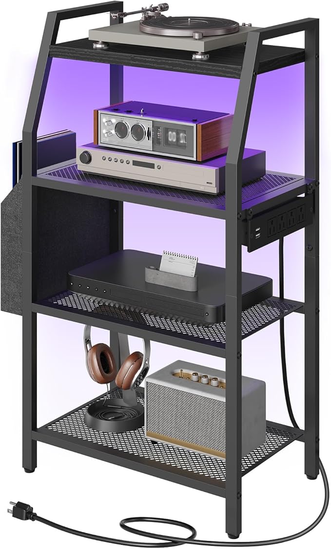 MAHANCRIS 4-Tier AV Media Stand with Power Outlet & LED Lights, Game Console Shelf with Side Storage Bag, Corner Stereo Stand Rack Audio Tower for Small Video DVD Players and Boxes, Black MSBK01E01