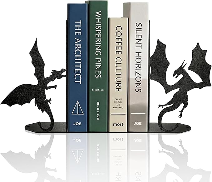 ENCIMART Dragon Metal Bookends Decorative, Unique Office Desk Book Ends for Shelves Bookshelf Home Office Desk Bookshelf Decor Gift for Dragon Lovers and Reading Enthusiasts