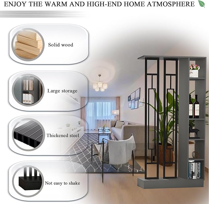 Wall Room Divider - Freestanding Wood Room Divider with Shelves, Wall Divider with Storage Cabinet, Easy Assembly Freestanding Decor for Bedroom, Office