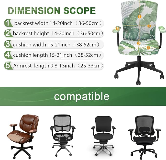 Tallew 4 Pcs Office Chair Covers Set Computer Universal Protective Stretchable Chair Seat Covers Desk Armrest Cover Pads Office Cushion Backrest for Rotating(Palm Leave,Green)