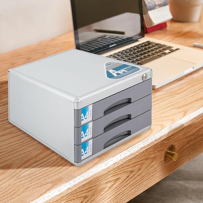 Desktop Drawer Organizer Lockable File Cabinet with Drawers Unit Office Desk Storage Organzier for Documents Papers Mail Notebooks Stationery (3-layer)