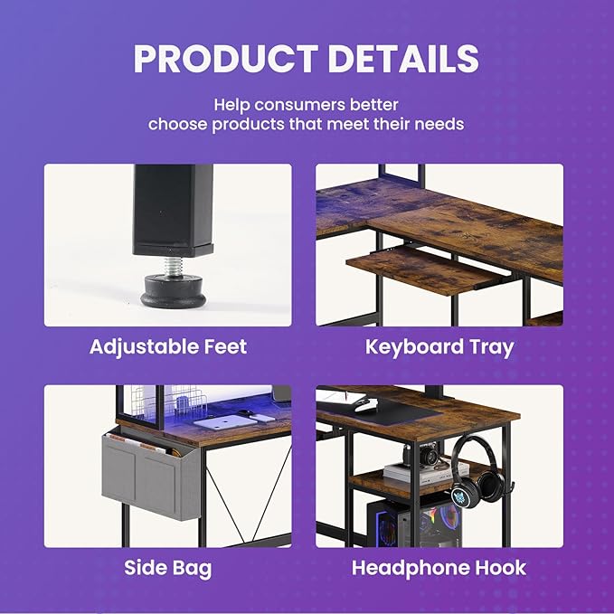 DUMOS L Shaped Gaming Desk 67", Reversible Computer Desk with LED Lights, Corner Desk for Small Spaces with Keyboard Tray & Storage Shelf, Metal Frame PC Gaming Table for Home Office Bedroom, Rustic