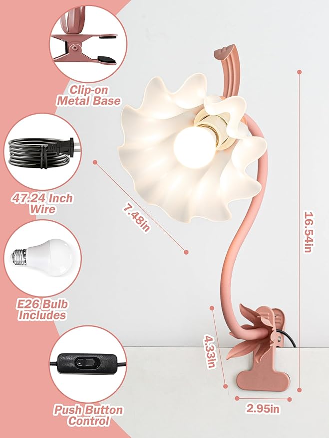 Flower Desk Lamp,Reading Light for Books in Bed,3 Color Modes 360°Rotation Clip on Light,Vintage Flower Bedside Lamp for Bed Headboard Bedroom College Dorm Office Lighting Table Lamp Home Decoration