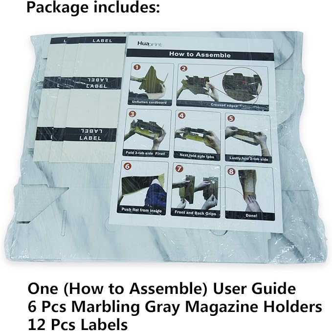 HUAPRINT Magazine Holder( 6 Pack, Marbling Gray) Cardboard Magazine File Holder-Folder Holder,Magazine Organizer,Document Organizer,Magazine Storage Box,With Labels