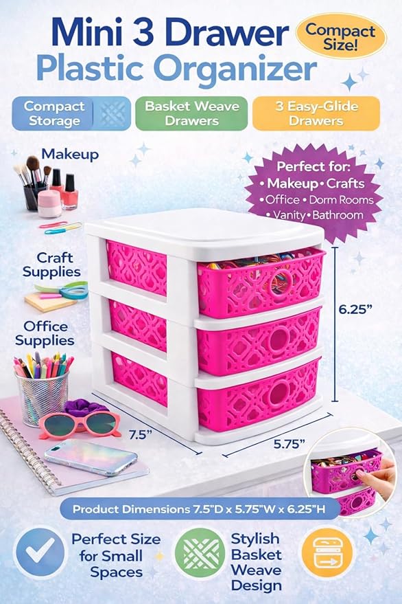 3 Drawer Basket Weave Mini Plastic Organizer Makeup HBA Cosmetics Arts & Crafts Desktop Stationary (Dark Pink)