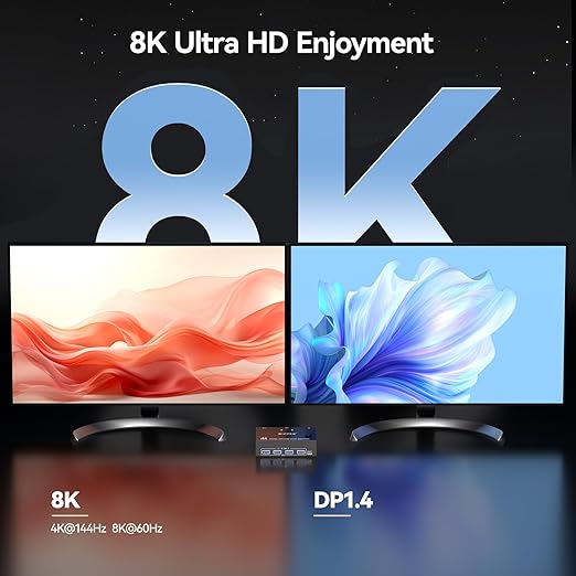 8K Displayport KVM Switch 2 Monitors 2 Computers 8K@30Hz 4K@144Hz,MLEEDA Dual Monitor KVM Switches with 4 USB 3.0 Ports for Keyboard Mouse USB Peripherals,Wired Remote and 2 USB Cables Included