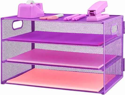 3 Tier Lettrer Tray Organizer, Metal Mesh Desk File Organizer with Sliding Trays, Paper Sorter Desk Organizer for Home Office School, Purple