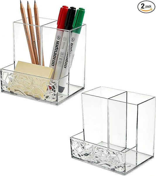 2 Pack Clear PET Pen Holder, 3 Compartment Desk Organizer, Shatter-Resistant, Stronger Than Acrylic, for Office Home School Bathroom Makeup