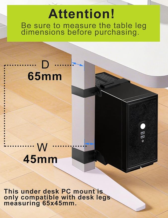 No-Drill Under Desk PC Mount, Adjustable CPU Holder for Standing Desk, Compatible Only with 65mm × 45mm Desk Legs, Supports up to 50 lbs, Includes Non-Slip Pads