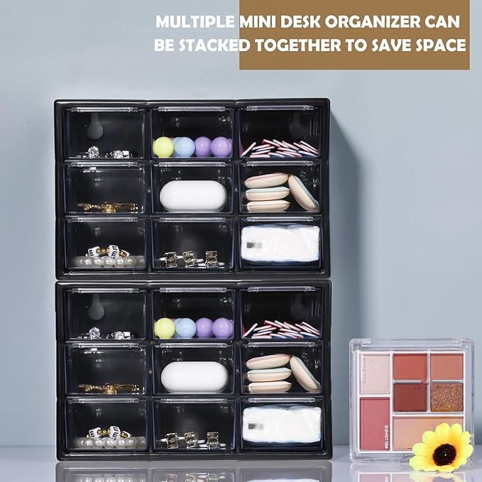 Rtteri 9 Pieces Mini Drawer Organizer Plastic Desktop Storage Box Desk Craft Organizer with 9 Clear Drawers for Office Home Jewelry Small Parts Belongings Cosmetics Collection, Wall Mounted (Black)