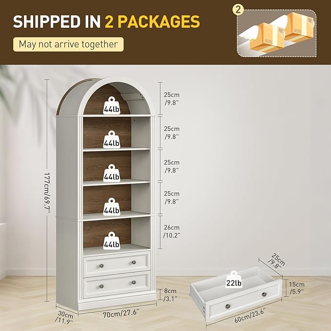 RALGEND Farmhouse Arched Bookshelf Set of 2, 7 Tiers Arch Bookcase with 2 Spacious Drawers, Modern Book Shelf with Open Display Shelves and Storage Cabinet, for Office, Living Room, Walnut and White