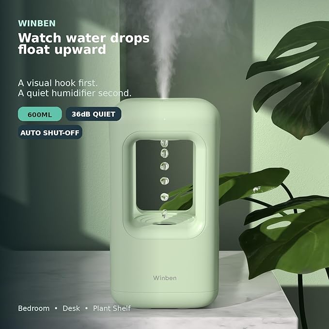 0.6L Mini Anti-Gravity Humidifier, Visual Floating Water Drop Cool Mist Humidifier for Bedroom, Desk & Indoor Plants, Quiet 36dB Night Light, Auto Shut-Off, Unique Gift Idea