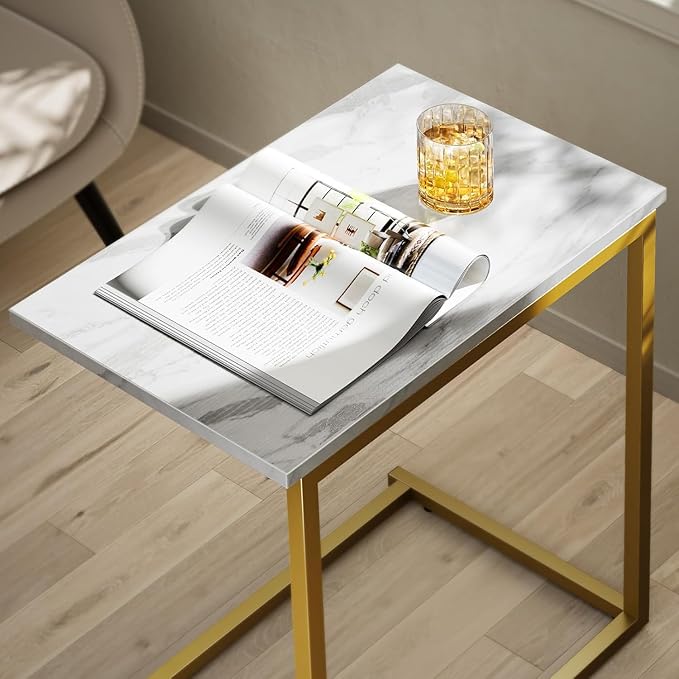 Pipishell C Shaped End Table 27 inches High, Side Table with Modern Marbling Wood Table Top for Couch Slide Under, C Table Sofa Side End Table for Living Room