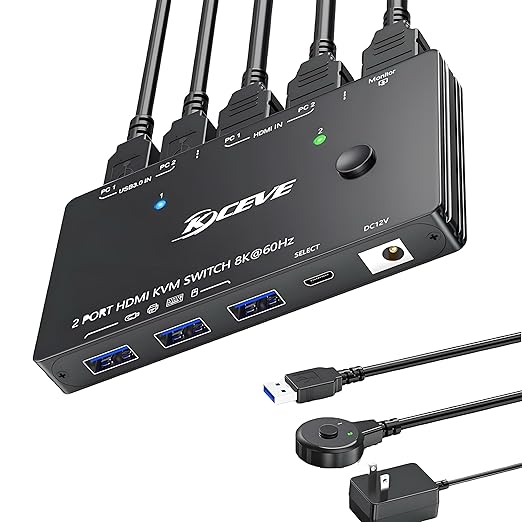 8K@60Hz HDMI KVM Switch 1 Monitors 2 Computers USB 3.0 KVM Switches HDMI Port for Two Computers Share Single Screen and 3 USB 3.0 Port, Plug and Play, Includes 2 USB Cables and Controller