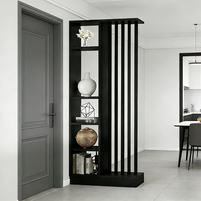 Room Divider with Shelves, Entrance Hall Partition Screen Column Floor to Ceiling - Freestanding Room Divider with Storage Shelf, Freestanding Decor for Bedroom (A Black + Black, 31.5in / 80cm)
