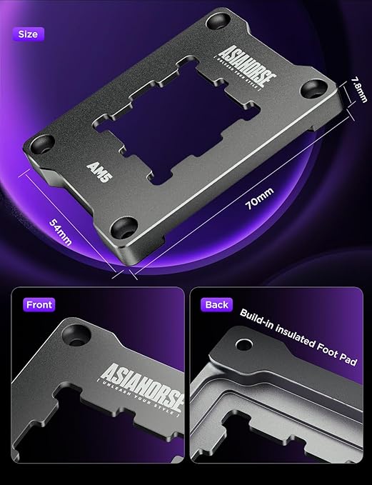 AsiaHorse AM5 CPU Contact Frame, 100% Flush Anti-Bending Secure Frame, High-Strength Metal Construction for AMD AM5 Motherboards (X670/B650), Enhances Cooling Efficiency, Includes 4 Screws &Hex Wrench