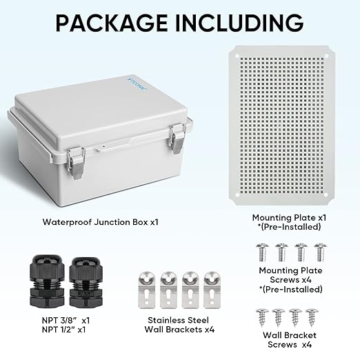 TICONN 2PK Outdoor Electrical Box Waterproof, Junction Box IP67 ABS Plastic Enclosure with Hinged Cover with Mounting Plate, Wall Brackets, Cable Glands (Off-White, 11"X7.5"X5.5")