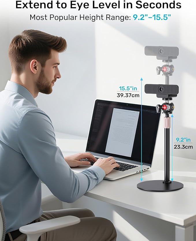 Webcam Tripod Stand for Desk, Newly Upgraded Small Base & 360° Ballhead & Height Adjustable, Ideal for Logitech Webcam C922 C930e C920 C615 C960 BRIO 4K NexiGo N60, Phone Holder with 1/4" Thread