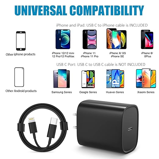 DiHines Phone 14 13 12 11 Fast Charger,6FT Long Fast Charging Lightning Cable with 20W USB C Charger Block for Phone 14/14 Pro Max/13/13 Pro Max/12/12 Pro Max/11/11Pro/XS/Max/XR/X,Pad,Black