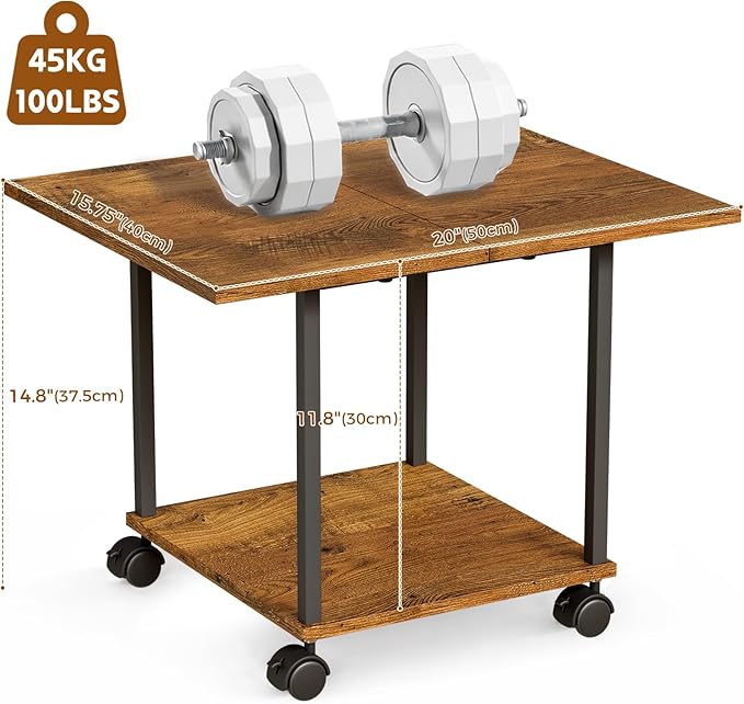 BEWISHOME 2-Tier Industrial Mobile Printer Stand, Rolling Cart with Storage Shelf, Lockable Wheels, for Home, Office (Brown) BDZ01Z