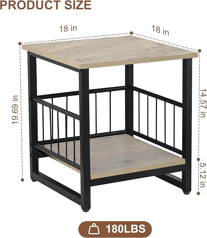 DHMAKER End Table, Industrial Side Table with 2-Tire Storage Shelf, 180LBS Mini Fridge Stand with Adjustable Feet, 18"x18" Wood Night Stand Small Bedside Table for Living Room Bedroom, Grey