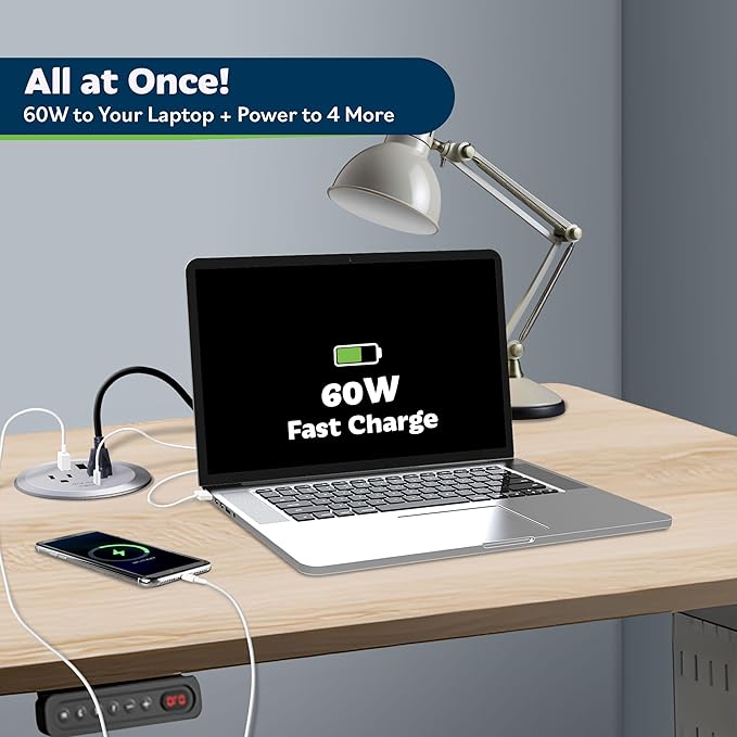 TOPGREENER Desktop Power Grommet with 60W PD for MacBook, GaN Desk Grommet with 1 Fast Charging USB-C Port, 2 USB-A Ports and Duplex Receptacles, TTRP48APD60-SV, Silver