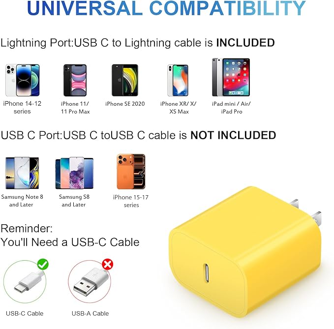 iPhone 14 13 12 11 Charger Fast Charging iPhone Fast Charger 3-Pack 20W iPad Chargers 6FT C Chargers Fast Charging Cord Whit iPhone 14/14 Max/13 Pro/13/12 Mini/12 Pro Max/11 Max/Xs and iPad(Yellow)