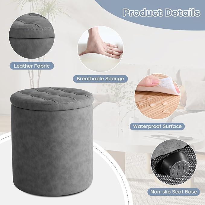 oakvivo 12.6" W x 14.17" H & 14.76" W x 17.32" H Storage Ottoman Foot Stool for Couch, Nesting Round Vanity Stools Padded Ottomen, Leather Set of 2 Footrest for Living Room,Grey