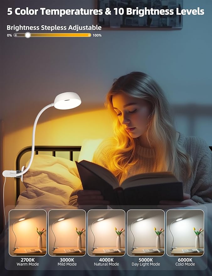 LiFMIRA Clip on Light, LED Reading Light for Beds Headboards, Flexible Clip on Lamp with Clamp,3 Color Modes & 10 Brightness Eye-Friendly Book Light Reading Light for Books in Bed Bedside Desks White