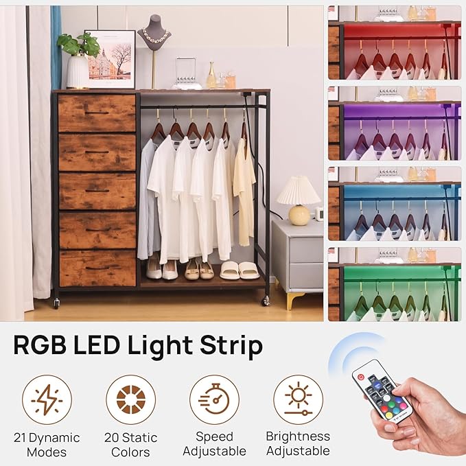 5 Drawer Fabric Dresser with Clothes/Hanging Rail/Rack Chest of Drawers with Charging Station Wardrobe/Closet Dresser for Bedroom, Brown
