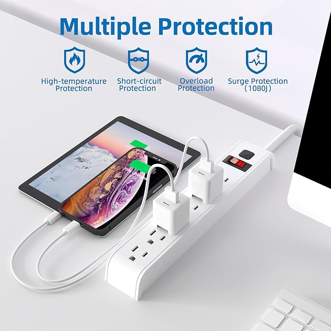TiFFCOFiO Surge Protector Power Strip, 12 Feet Extension Cord, 600 Joules Surge Protection, Multiple Protection 6 Outlet Strip, 14 AWG Cord, 15A/1875W, ETL Listed