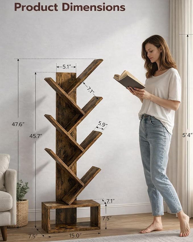 6 Tier Tree Book Shelf - Small Bookshelf Decor, Corner Bookshelf, Living Room Storage, Tall Narrow DVD & CD Shelf Storage Bookshelves, Comic Bookcases Standing for Bedroom or Office, Rustic Brown