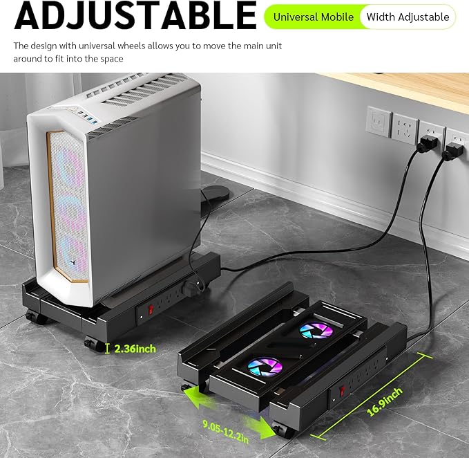 Adjustable CPU Holder with Charging Station and Cooling Fan with RGB Light,Mobile CPU Holder with 4 Rolling Casters, Under Desk CPU Bracket PC Floor Cart PC Riser for Office, Home (Socket with Fan)