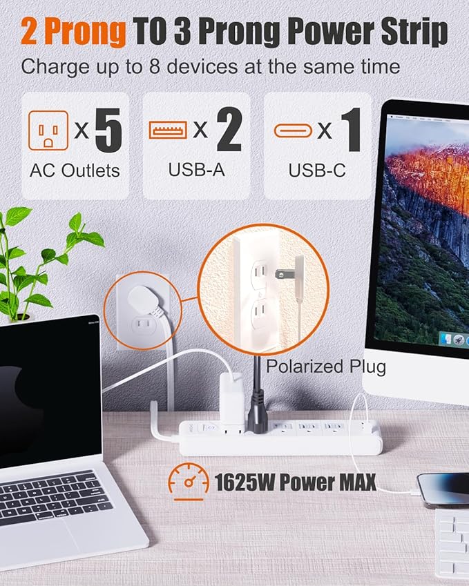 WRXDMC 2 Prong Power Strip, 2 Prong to 3 Prong Outlet Adapter, 15ft Extension Cord with Polarized Plug, 1680J Surge Protector, 5 AC Outlets & 3 USB, Wall Mountable, Ideal for Non-Grounded Outlets