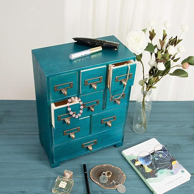 Apothecary Cabinet with 9 Drawers & Labels Rustic Library Card Catalog Cabinet Desktop Wooden Storage Box for Organize Herbal、Tea Bag、Jewelry (Blue)