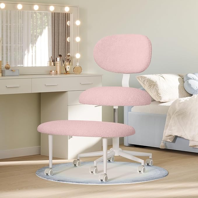 Pinmoco Ergonomic Cross Legged Office Chair with Wheels, ADHD Chair for Adults, Meditation Chair, Yoga Office Chair, Comfortable Back Support, Height Adjustable,Small Spaces, Teddy Fabric, Pink
