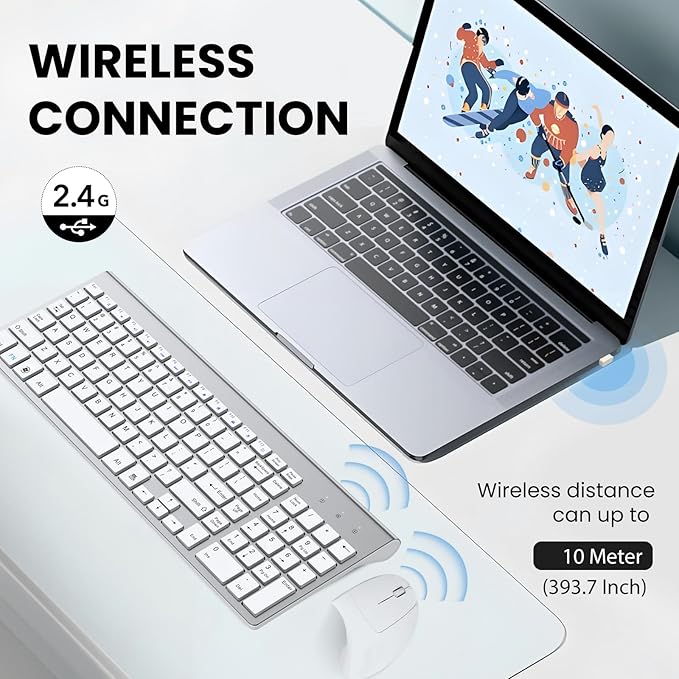 2.4GHz Wireless Vertical Ergonomic Mouse and Keyboard Combo Ultra-Thin Portable Size for PC Desktop Computer Laptop Mac Tablet (A) (Right) (White)