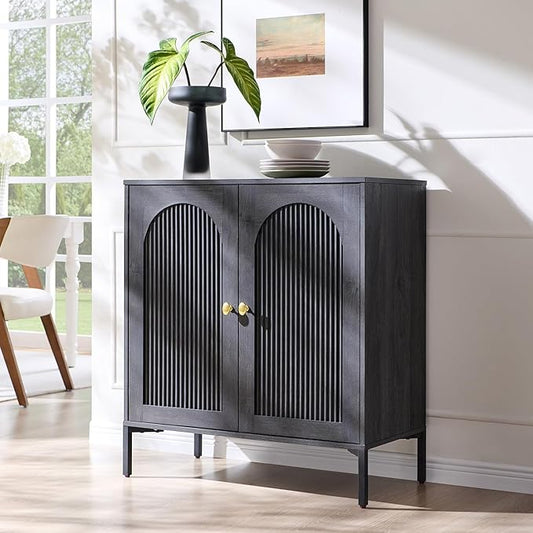 IFGET Modern Buffet Cabinet with Storage, 34" Tall Fluted Arched Sideboard Cabinet w/Adjustable Shelves, Wooden Modular Coffee Bar for Dining Room, Kitchen, Living Room, Entryway, Dark Grey