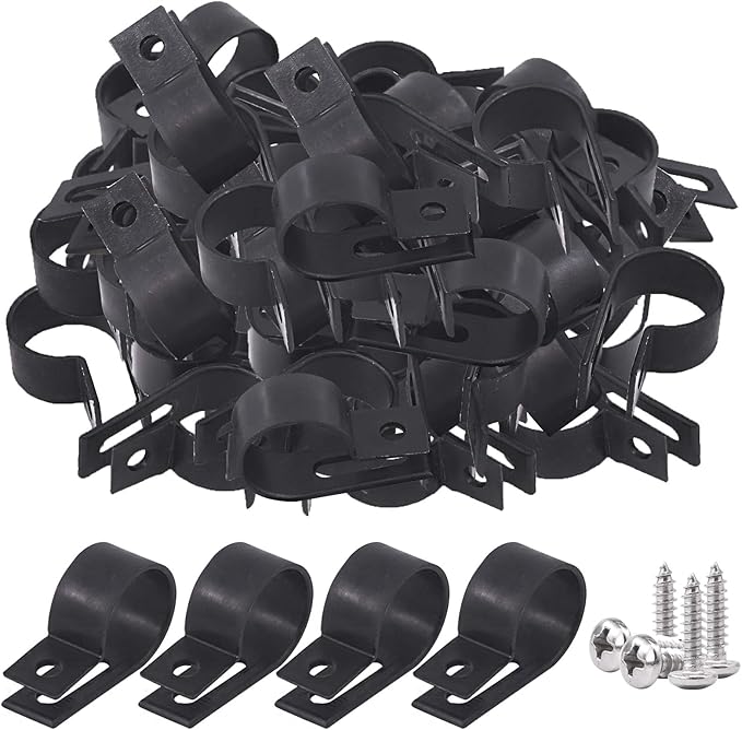 Glarks 120Pcs 3/4 Inch Black Nylon Screw Mounting R-Type Cable Clip Wire Clamp with 120Pcs Screws for Wire, Cable, Conduit and Cable Conduit Kit (Black)
