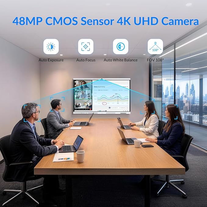 Smart Board, 75" All-in-One Interactive Whiteboard, Google EDLA Certified, 48MP CMOS Sensor 4K UHD Camera, 8 AI Noise-Canceling Mics, for Professional Business Meetings and Classroom