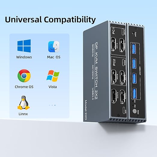 4K@120Hz Kvm Switch 2 Monitors 2 Computers 8K@60Hz DP Displayport Dual Monitor KVM Switches, 4 USB3.0 Ports for 2 PC Share Mouse Keyboard and 2 Screens Support PoC EDID Button Switch Plug and Play