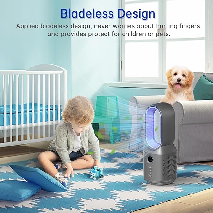 Desk Fan,13 Inch Portable Bladeless Fan, Small Quiet Office Fan with 106° Oscillating, 3 Speeds & Night light, LED Display,Button Control, Personal Battery Operated Table Fan for Bedroom, Office, Home